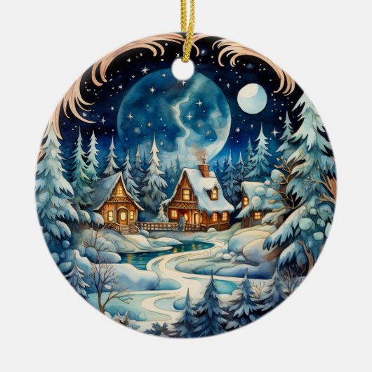 ファミリーネームウィンターワンダーランドフォレパーソナライズされたスト セラミックオーナメント (正面)