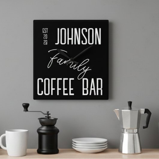 ファミリーネームキッチン白黒スクエアウォールクロック スクエア壁時計