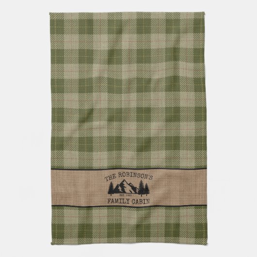 ファミリーネームキャビンツリーズセージグリーンプレイドバーラップ キッチンタオル (縦)