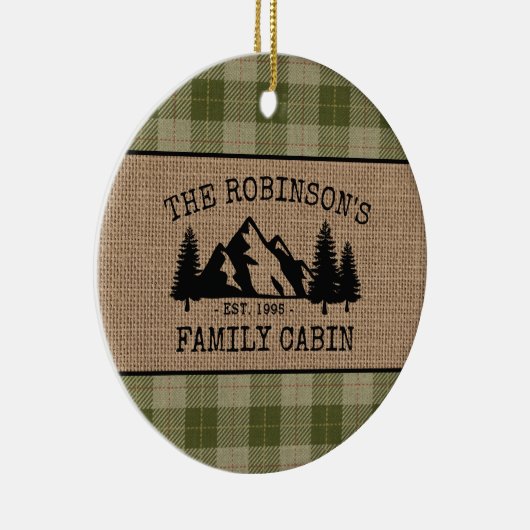 ファミリーネームキャビンツリーズセージグリーンプレイドバーラップ セラミックオーナメント (右)