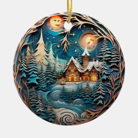 ファミリーネームキャビン素朴フォレパーソナライズされたスト セラミックオーナメント (正面)