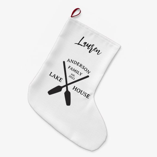 ファミリーネームパーソナライズされたレイクハウス ラージクリスマスストッキング (正面 (吊り時))