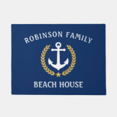 ファミリーネームビーチハウスいかりネイビー金ゴールドローレル ドアマット (正面)