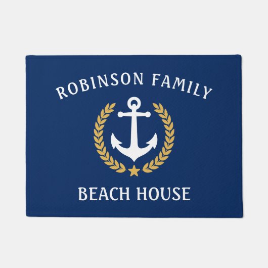 ファミリーネームビーチハウスいかりネイビー金ゴールドローレル ドアマット (正面)