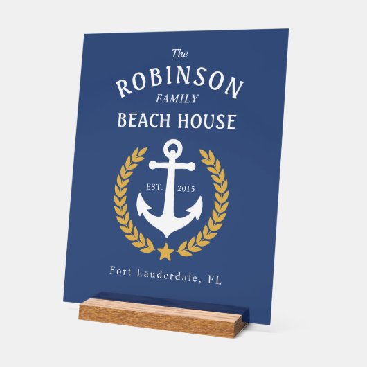ファミリーネームビーチハウスいかり金ゴールドローレルネイビー アクリルサイン (傾斜)