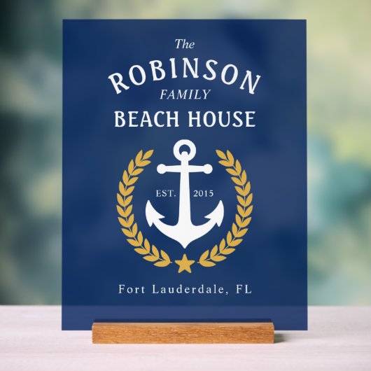 ファミリーネームビーチハウスいかり金ゴールドローレルネイビー アクリルサイン (ニュートラル)