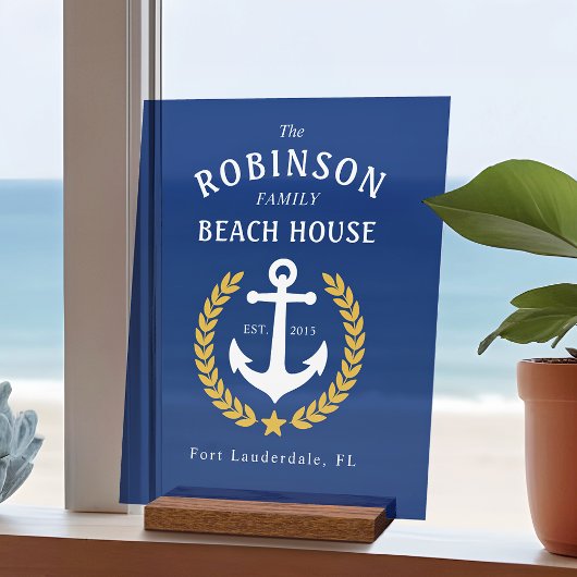 ファミリーネームビーチハウスいかり金ゴールドローレルネイビー アクリルサイン