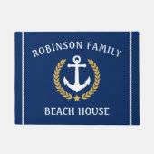 ファミリーネームビーチハウスいかり金ゴールドローレルネイビー ドアマット (正面)