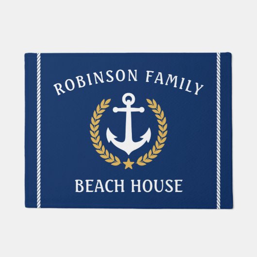 ファミリーネームビーチハウスいかり金ゴールドローレルネイビー ドアマット (正面)
