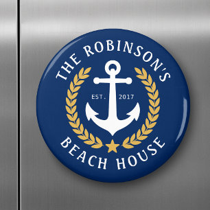 ファミリーネームビーチハウスいかり金ゴールドローレルネイビー マグネット
