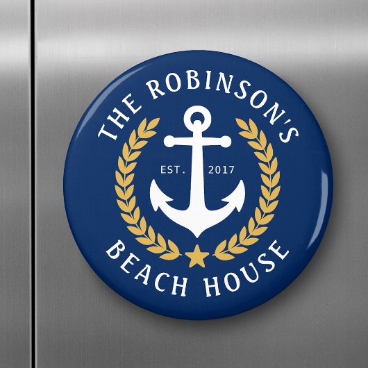 ファミリーネームビーチハウスいかり金ゴールドローレルネイビー マグネット