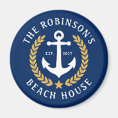 ファミリーネームビーチハウスいかり金ゴールドローレルネイビー マグネット (正面)