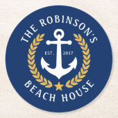 ファミリーネームビーチハウスいかり金ゴールドローレルネイビー ラウンドペーパーコースター (正面)