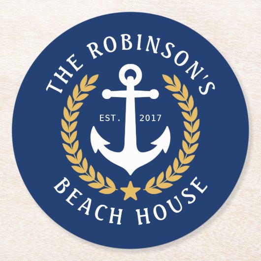 ファミリーネームビーチハウスいかり金ゴールドローレルネイビー ラウンドペーパーコースター (正面)