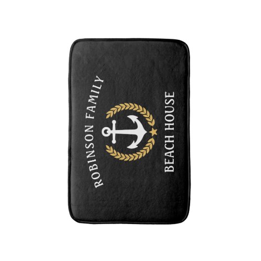 ファミリーネームビーチハウスいかり金ゴールドローレルブラック バスマット (正面縦)