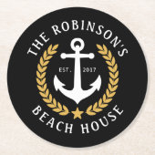 ファミリーネームビーチハウスいかり金ゴールドローレルブラック ラウンドペーパーコースター (正面)