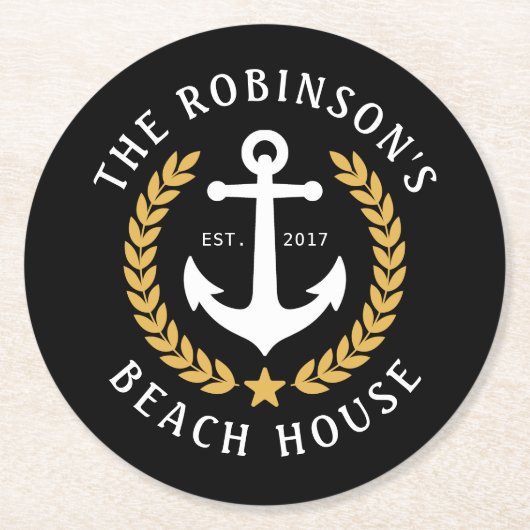 ファミリーネームビーチハウスいかり金ゴールドローレルブラック ラウンドペーパーコースター (正面)