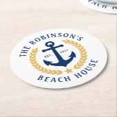 ファミリーネームビーチハウスいかり金ゴールドローレルホワイト ラウンドペーパーコースター (アングル)