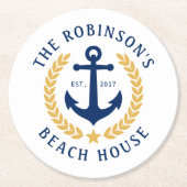 ファミリーネームビーチハウスいかり金ゴールドローレルホワイト ラウンドペーパーコースター (正面)