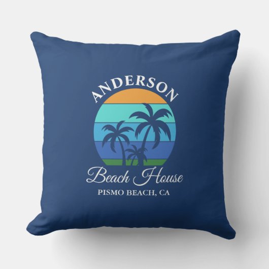 ファミリーネームビーチハウスサンパームツリーズブルー アウトドアクッション (正面)
