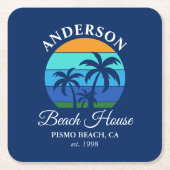 ファミリーネームビーチハウスサンパームツリーズブルー スクエアペーパーコースター (正面)