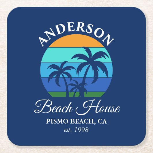 ファミリーネームビーチハウスサンパームツリーズブルー スクエアペーパーコースター (正面)