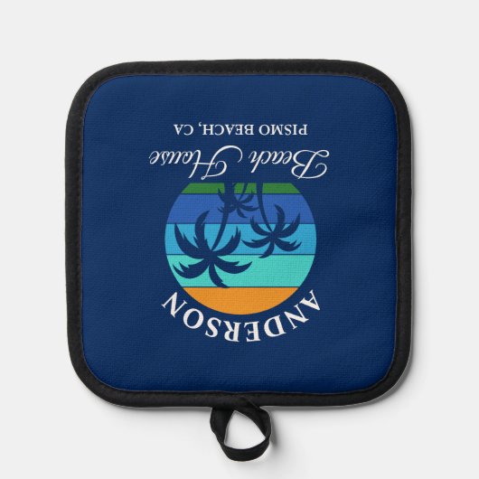 ファミリーネームビーチハウスサンパームツリーズブルー 鍋敷き (正面)