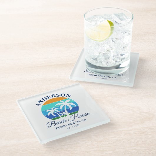 ファミリーネームビーチハウスサンパームツリーズ ガラスコースター (アングル)