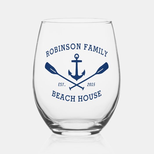 ファミリーネームビーチハウス航海のいかりオアーズネイビー ステムなしワイングラス (正面)