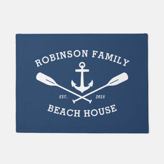 ファミリーネームビーチハウス航海のいかりオアーズネイビー ドアマット (正面)