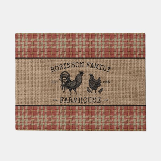 ファミリーネームファームハウスヴィンテージレッドプレイドバーラップ ドアマット (正面)