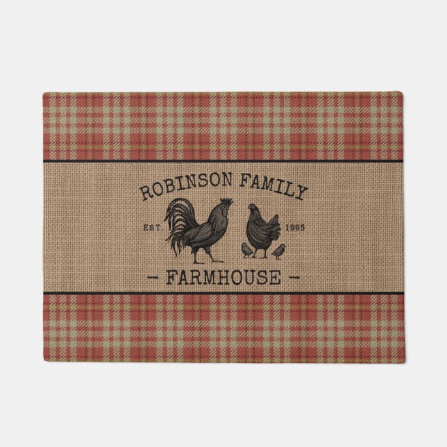 ファミリーネームファームハウスヴィンテージレッドプレイドバーラップ ドアマット (正面)
