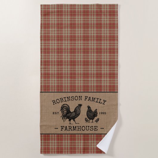 ファミリーネームファームハウスヴィンテージレッドプレイドバーラップ ビーチタオル (正面)