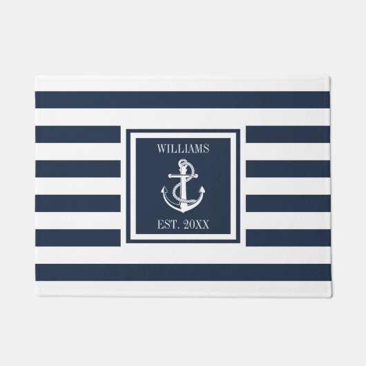 ファミリーネームボ航海のートいかりネービーブルーストライプ ドアマット (正面)