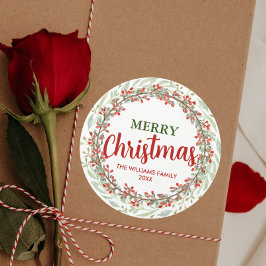 ファミリーネームメリークリスマスフラワーリース ラウンドシール