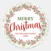 ファミリーネームメリークリスマスフラワーリース ラウンドシール (正面)