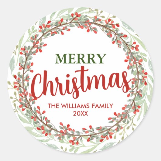 ファミリーネームメリークリスマスフラワーリース ラウンドシール (正面)