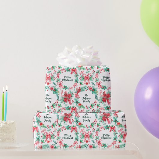 ファミリーネームモノグラムクリスマスリース ラッピングペーパー (パーティーギフト)