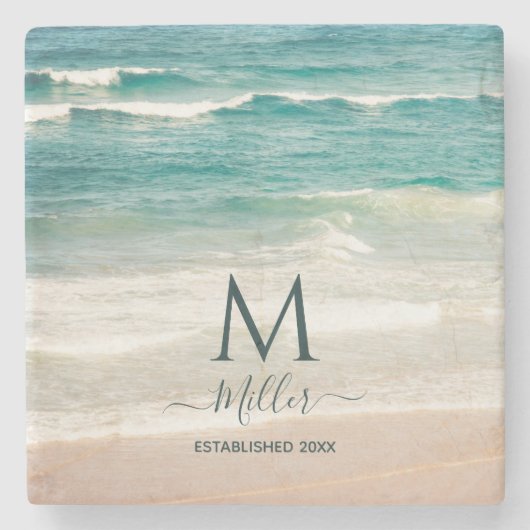 ファミリーネームモノグラムビーチウェーブズハウスエレガントセント ストーンコースター (正面)