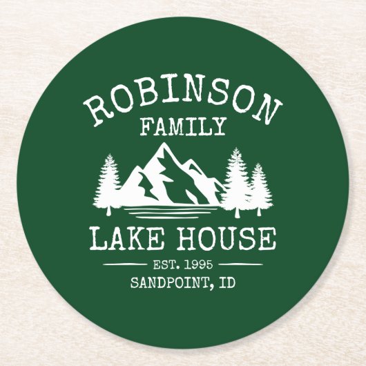 ファミリーネームレイクハウスツリーズフォレストグリーン ラウンドペーパーコースター (正面)