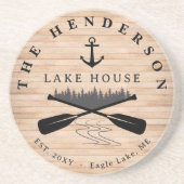 ファミリーネームレイクハウスパインツリーウッドパーソナライズされた コースター (正面)