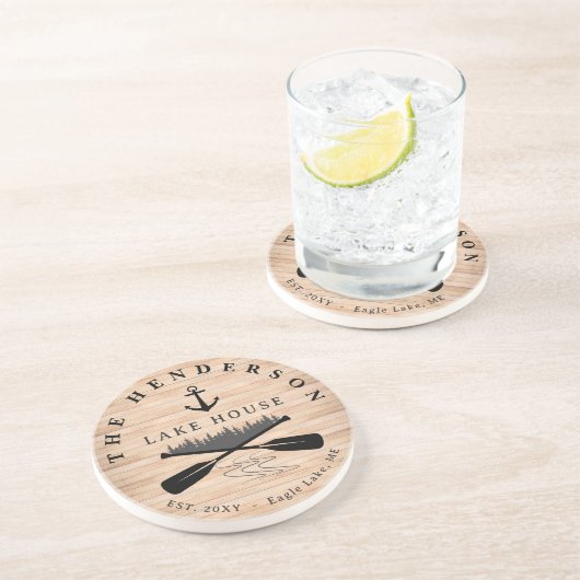 ファミリーネームレイクハウスパインツリーウッドパーソナライズされた コースター (側面)