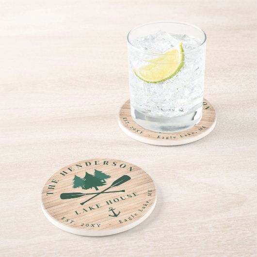 ファミリーネームレイクハウスパインツリーウッドパーソナライズされた コースター (側面)