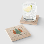 ファミリーネームレイクハウスパインツリーウッドパーソナライズされた ストーンコースター (横)