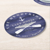 ファミリーネームレイクハウスパインツリーウッドパーソナライズされた ラウンドペーパーコースター (アングル)