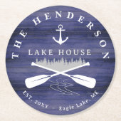 ファミリーネームレイクハウスパインツリーウッドパーソナライズされた ラウンドペーパーコースター (正面)