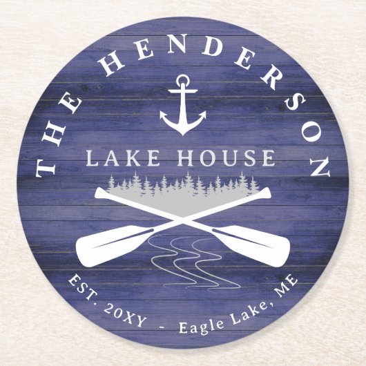 ファミリーネームレイクハウスパインツリーウッドパーソナライズされた ラウンドペーパーコースター (正面)