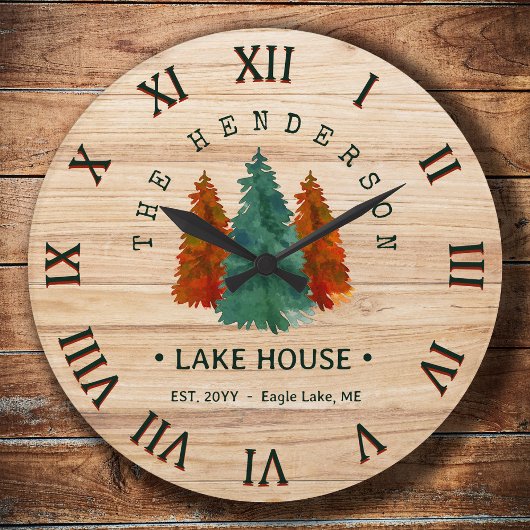 ファミリーネームレイクハウスパインツリーウッドパーソナライズされた ラージ壁時計