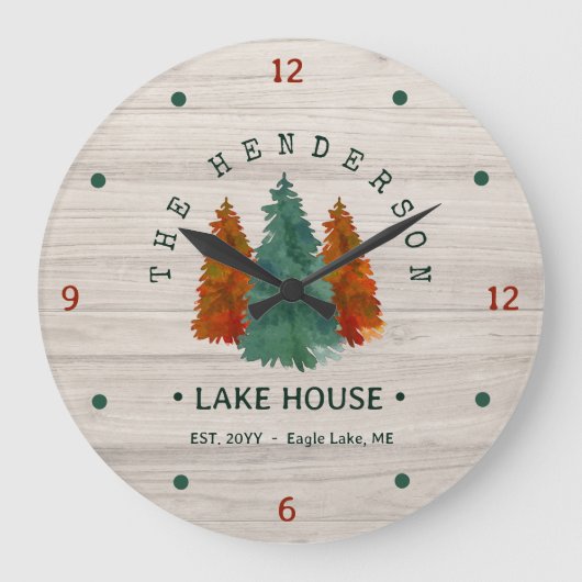 ファミリーネームレイクハウスパインツリーウッドパーソナライズされた ラージ壁時計 (正面)