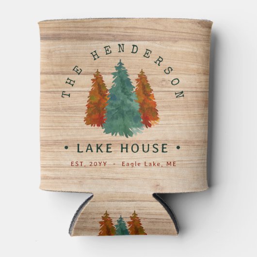 ファミリーネームレイクハウスパインツリーウッドパーソナライズされた 缶クーラー (正面)